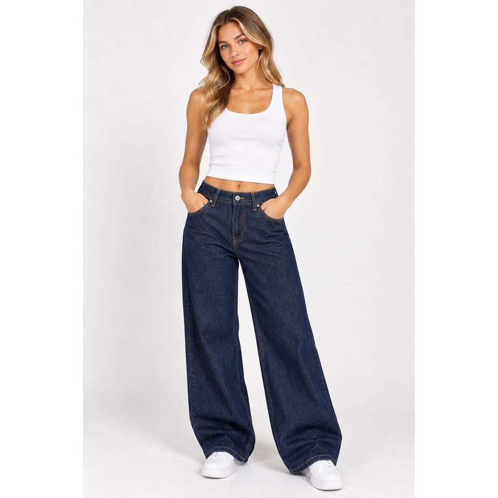 Zara Wide Leg Jeans Womens 2 Dark Blue High Rise Raw Indigo Denim